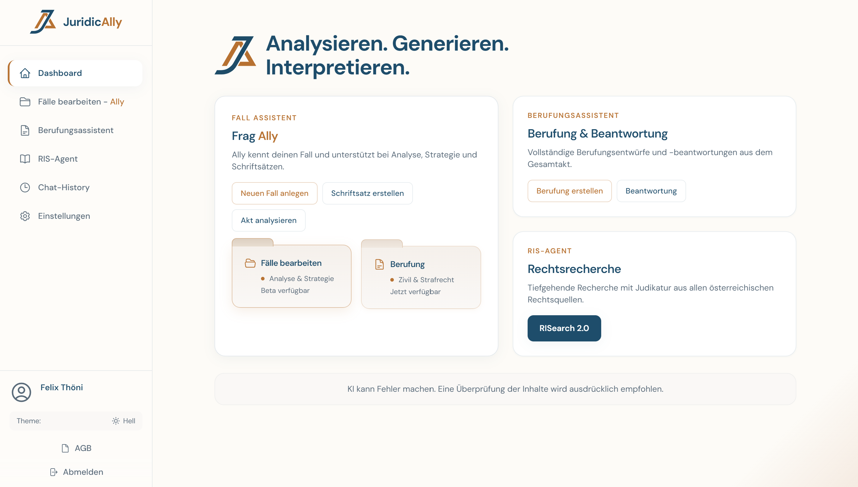 JuridicAlly Dashboard - KI-Plattform für Kanzleien